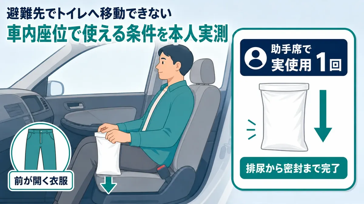 災害避難先で使えるトイレへ移動できない時、車内座位で袋型携帯トイレを使える条件を確かめた本人実測