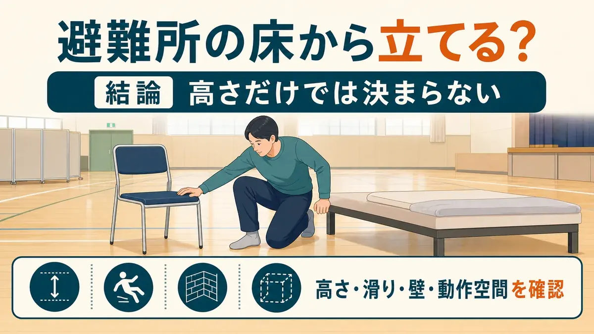 避難所の床生活を想定し、床、椅子、壁際の椅子、30cmの寝床から立つ条件を比べた本人実測