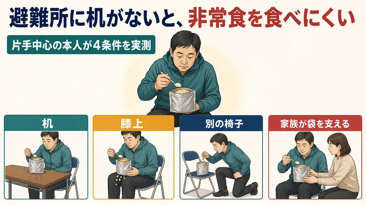 避難所に机がない場面を想定し、片手で袋入りアルファ米を食べる4条件を比べた本人実測