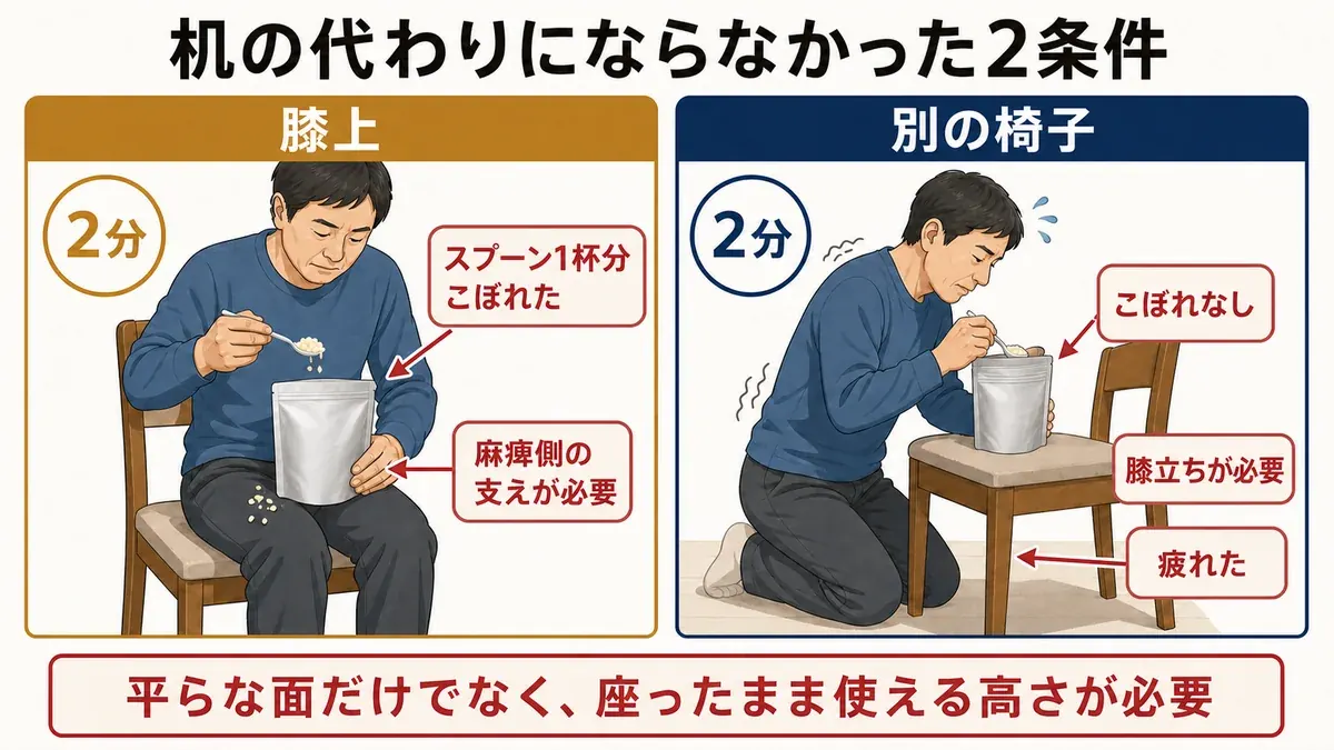 膝上では袋が傾いてこぼれ、別の椅子では膝立ちになった失敗条件の比較図