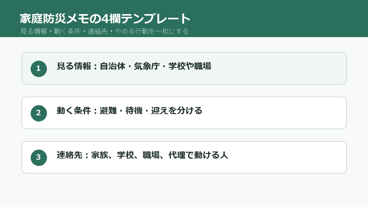 家庭防災メモに見る情報、動く条件、連絡先を書く例