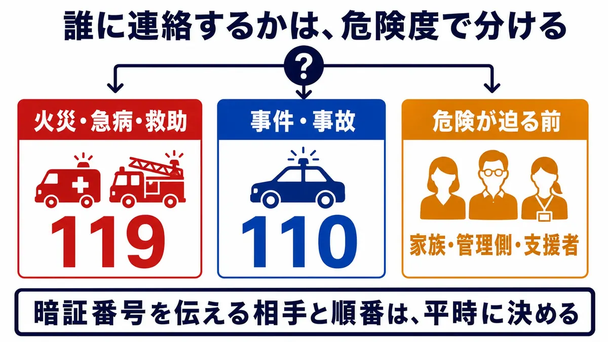 緊急時は119、事件時は110、危険が迫る前は管理側や登録支援者へ連絡する判断フロー