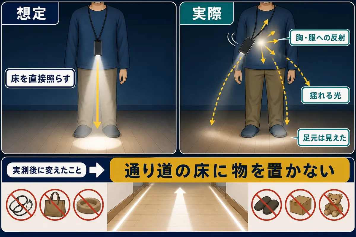 首から下げたiPhoneの光が揺れ、胸や服の反射を含めて足元を照らす様子