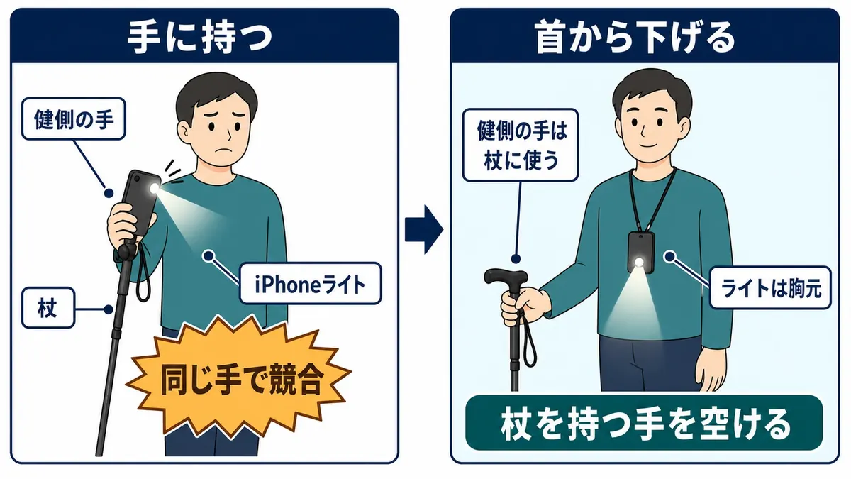 杖とiPhoneのライトが同じ健側の手を必要とする問題を示す図