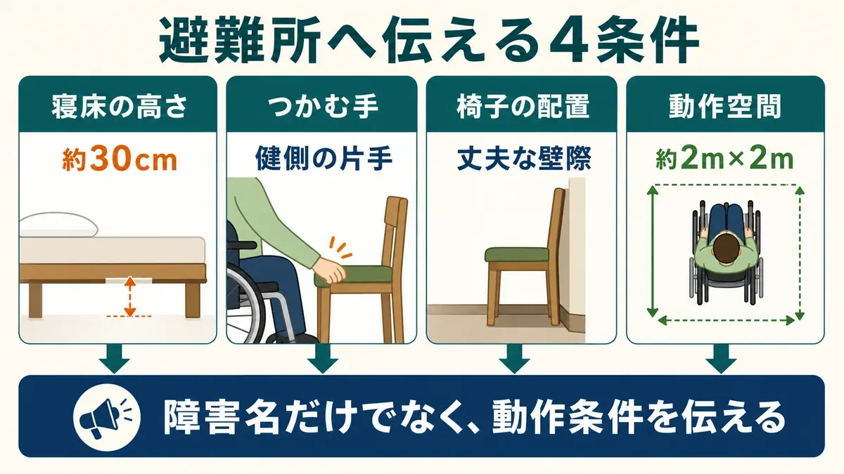 本人実測から寝床高、健側の手、支持物の配置、動作空間を避難所へ伝える流れ