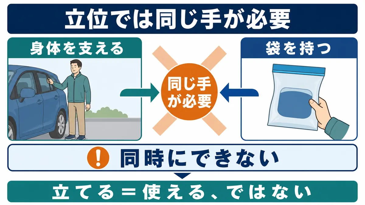 立位では力の入る側の手を身体支持に使うため携帯トイレを持てないという手の競合を示す図