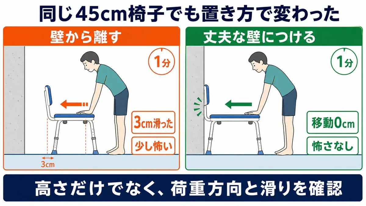 45cmシャワーチェアが壁から離すと3cm滑り、丈夫な壁につけると0cmになった比較図