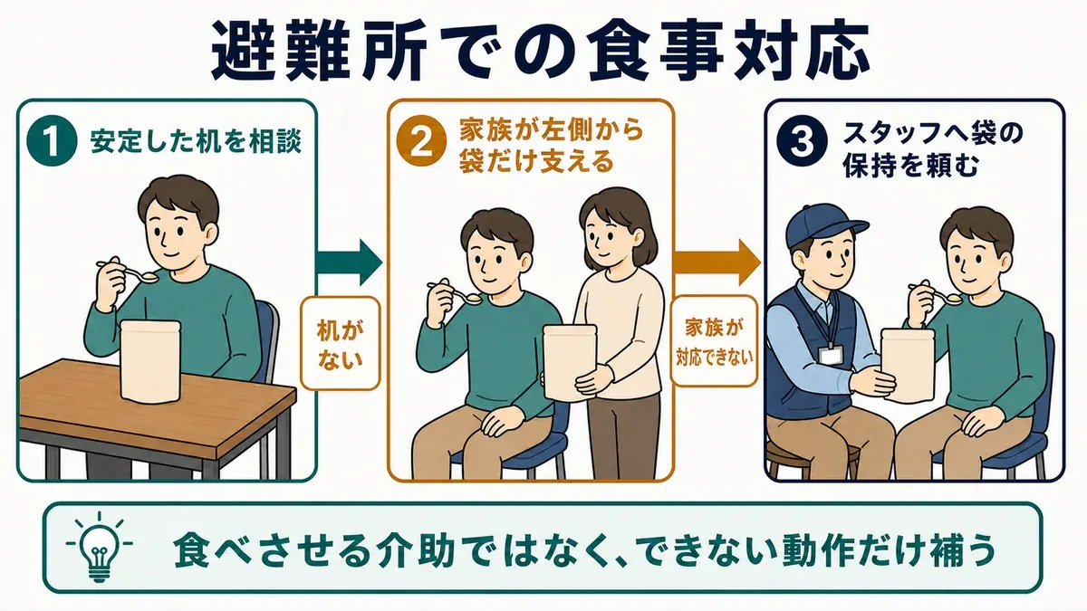 安定した机を相談し、なければ家族が左側から袋だけを支える避難所での食事対応フロー