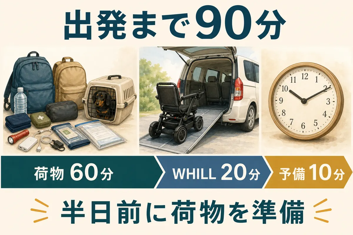 荷物準備60分、WHILL積載20分、予備10分で出発まで90分かかる時間配分