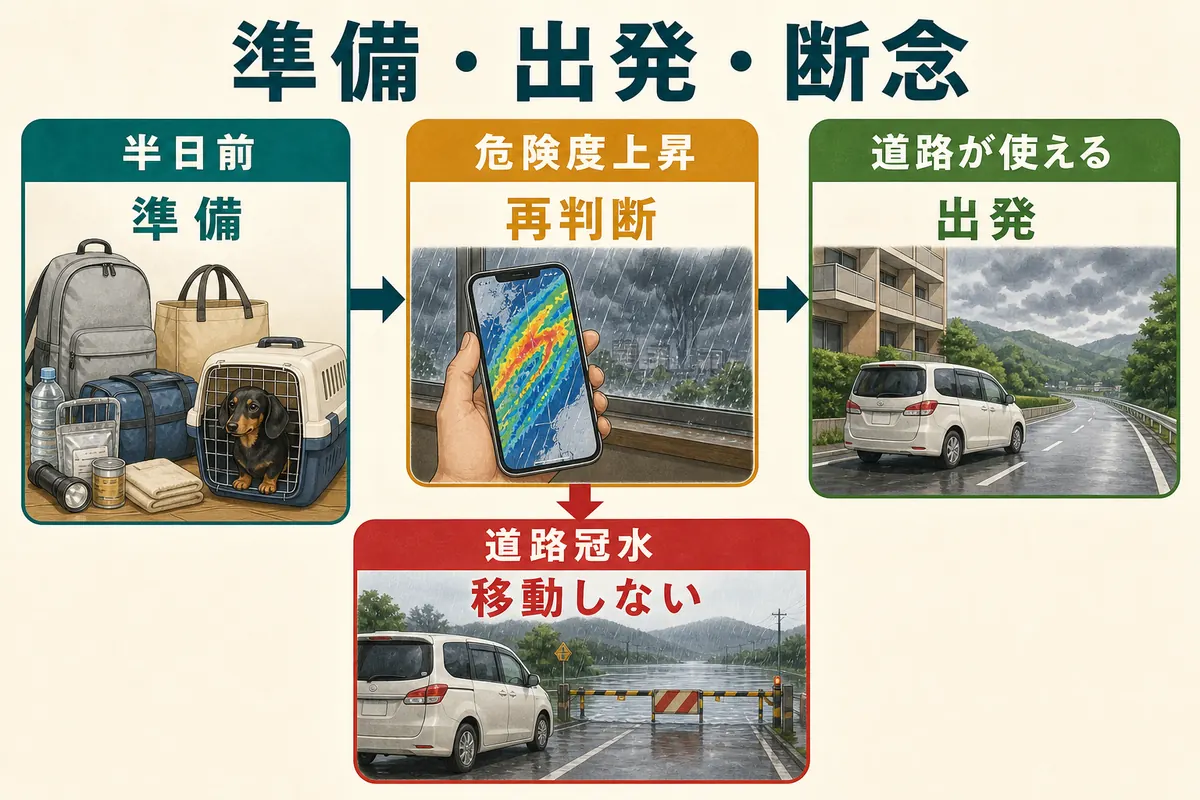 半日前予測で準備し、危険度上昇で出発し、道路冠水時は移動を断念する判断フロー