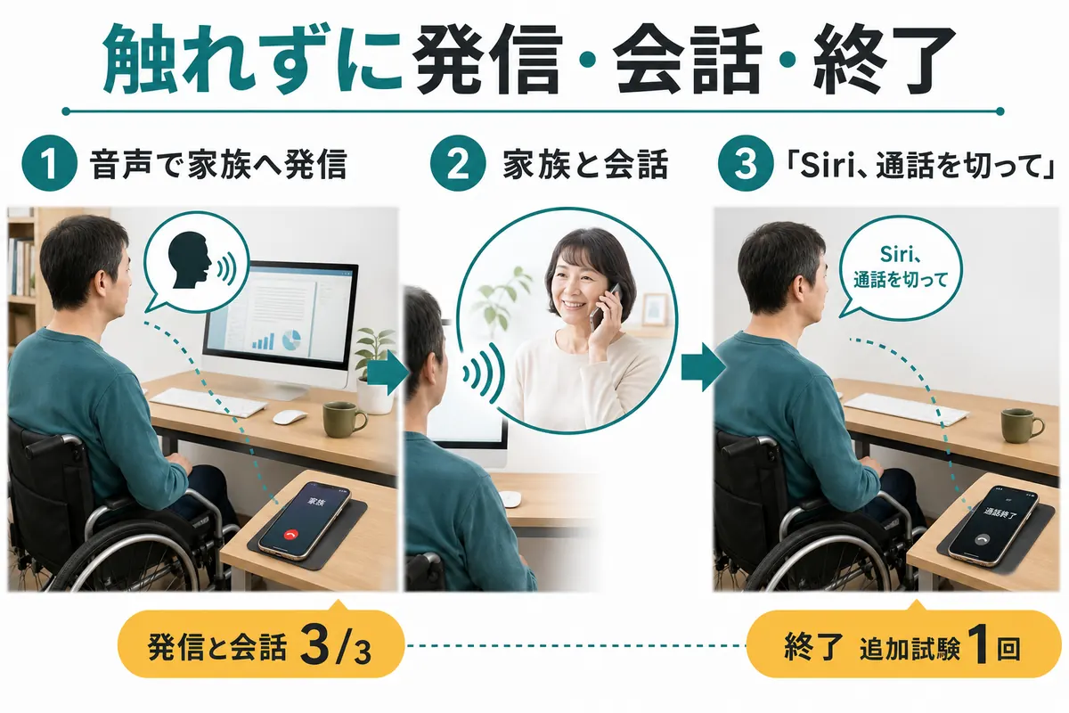Siriを使い、端末に触れず発信、会話、通話終了まで行う流れ