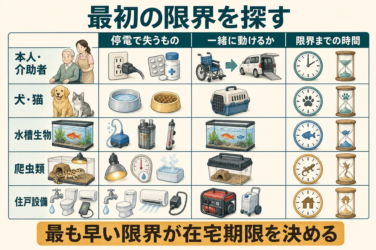 本人、介助者、犬、水槽生物、爬虫類、停電設備について、依存するもの、移動可否、限界時間を確認する表