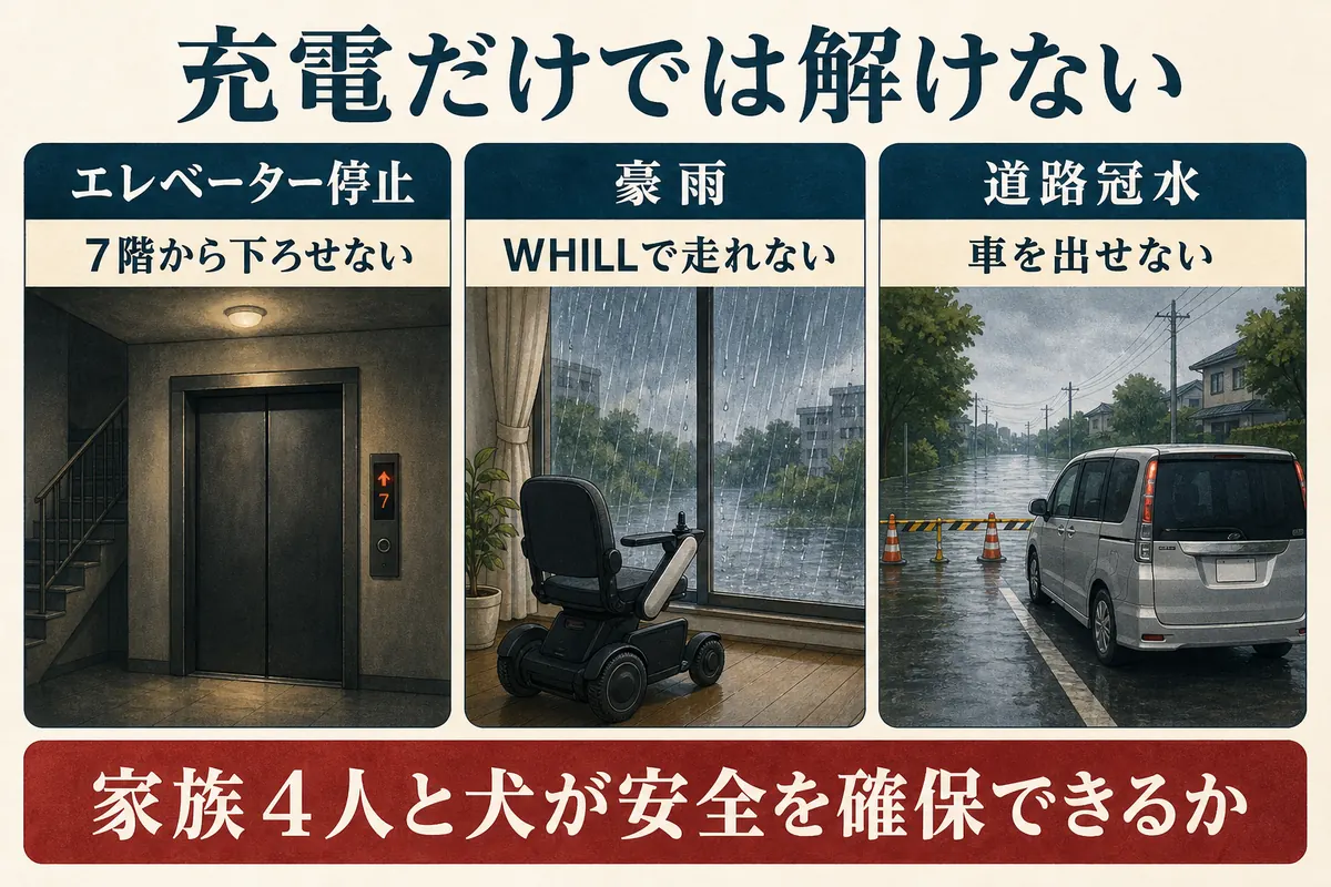 集中豪雨と停電から、エレベーター停止、WHILLの雨中使用、道路冠水へ問題が連鎖する因果図