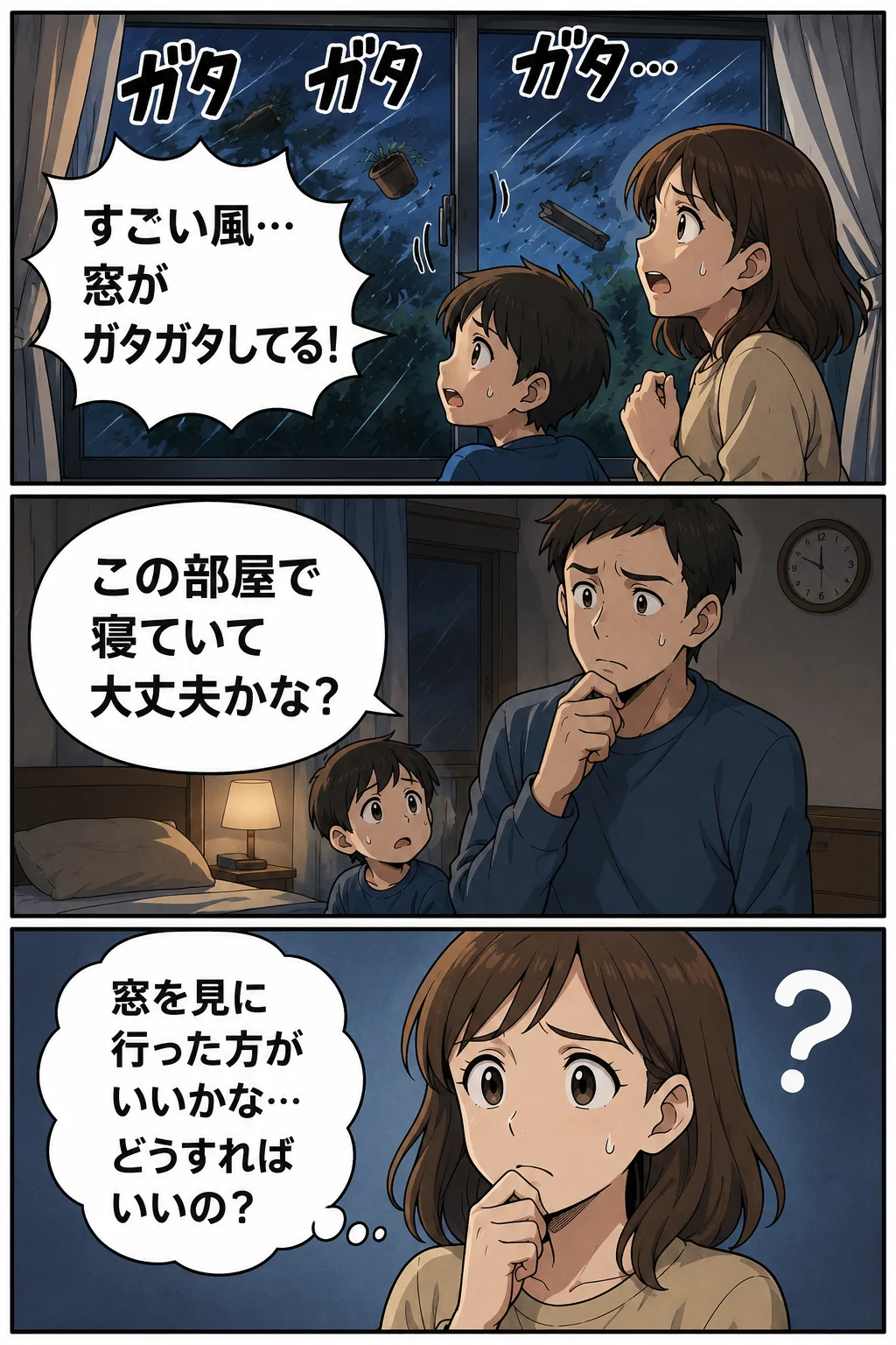 台風の強風で窓が揺れ、この部屋で寝てよいか迷う家族の漫画